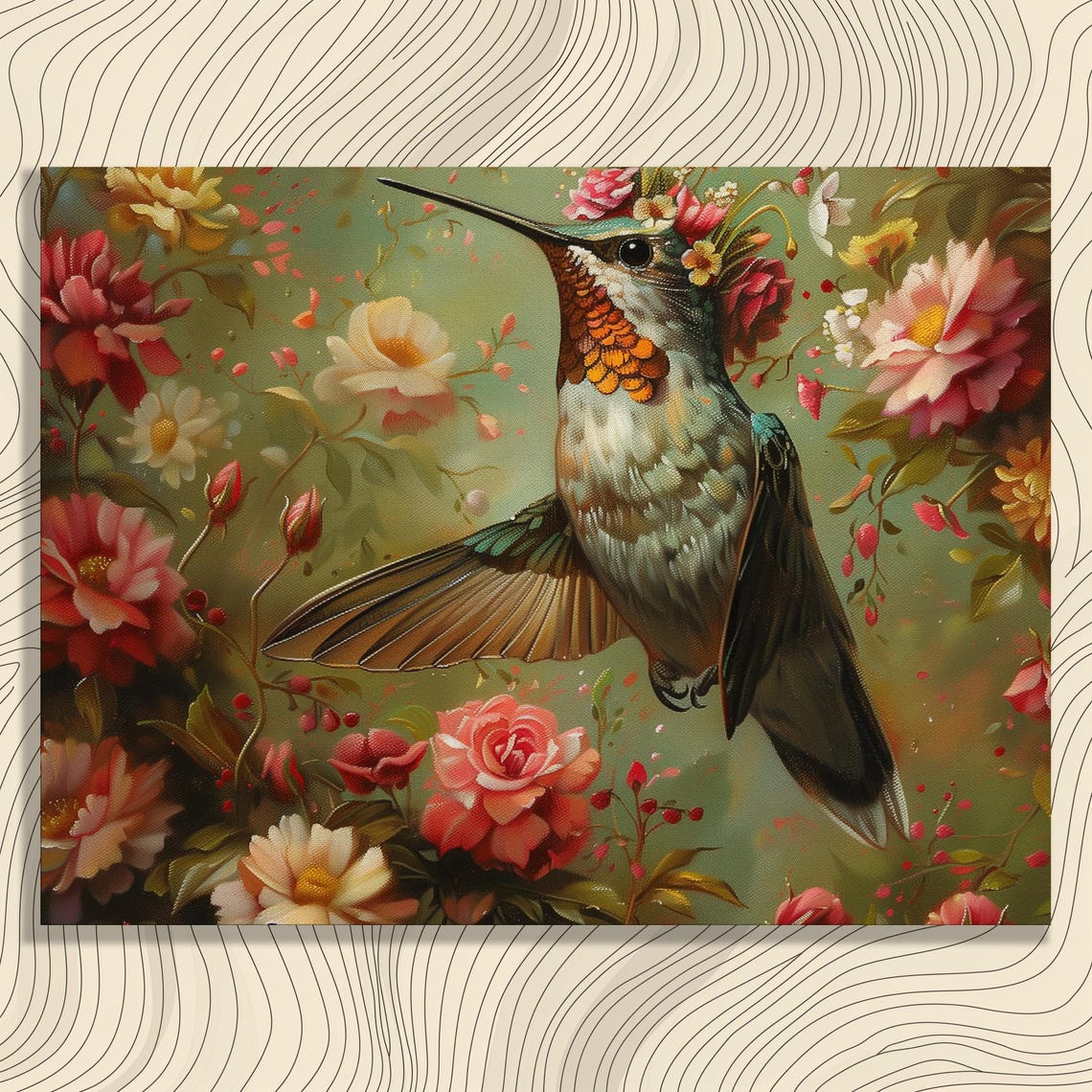 Hummingbird Among Roses Floral Oil Painting Garden Bird Poster
