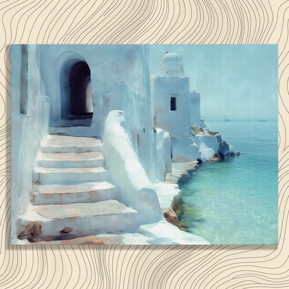 Coastal Canvas Wall Art Blue And White Island Painting Mediterranean Sea View Print Minimalist Summer Vacation Gift Decor