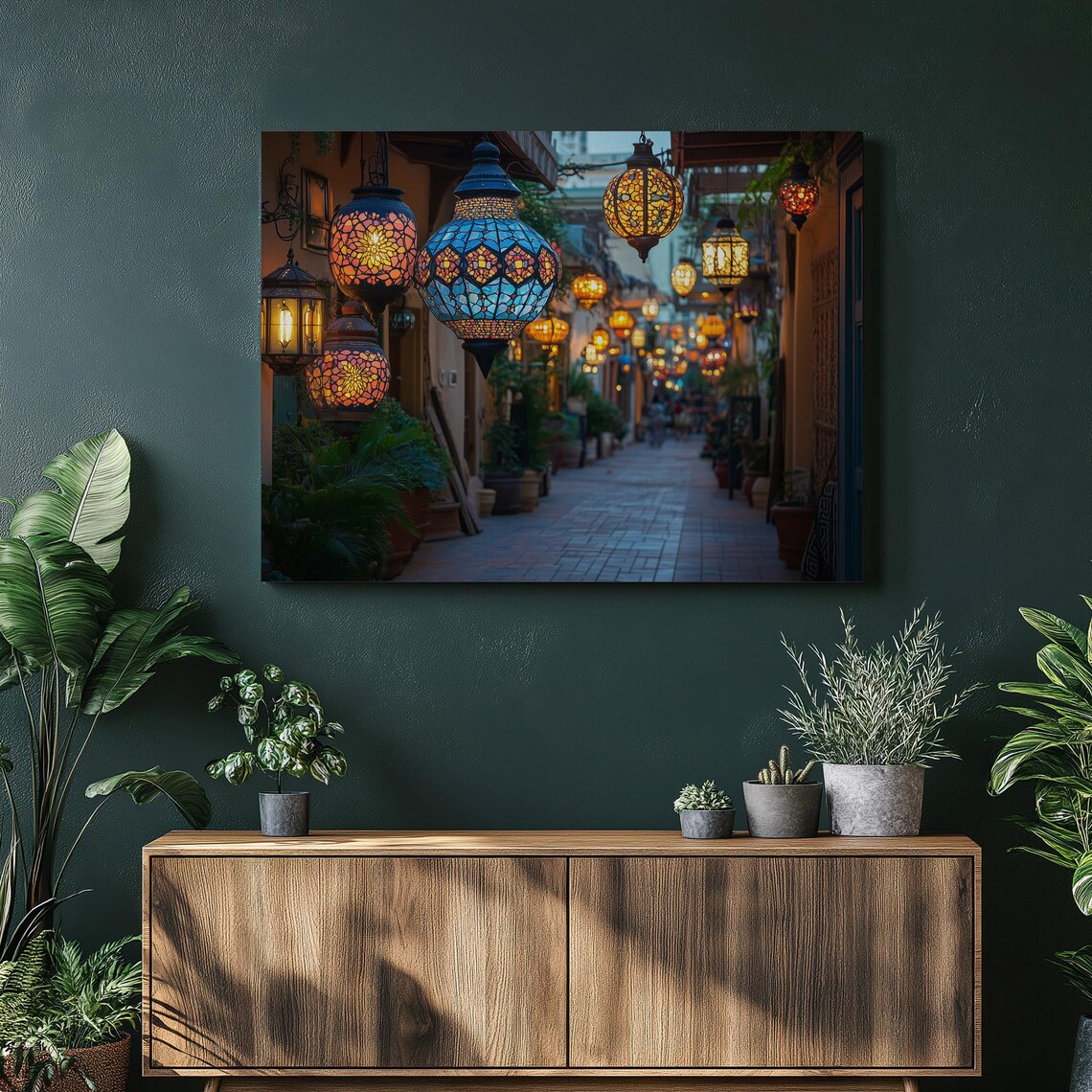 Colorful Mosaic Lanterns Old Town Alley Dusk Street Photo Poster