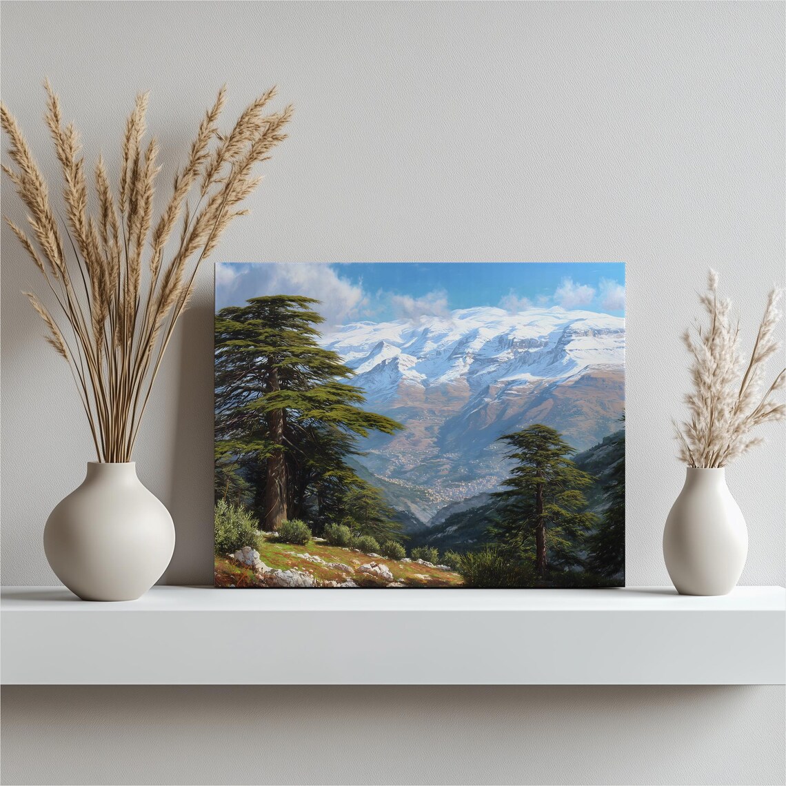 Snow Capped Mountain Cedars Traditional Landscape Oil Painting Print