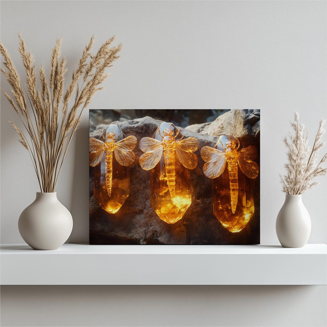 Glowing Dragonflies in Amber Crystal Surreal Nature Wall Art