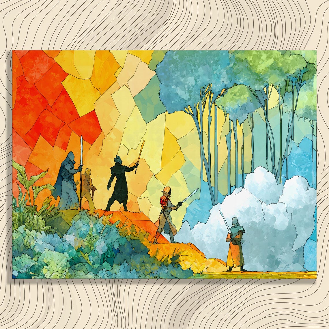 Fantasy Warriors Stained Glass Adventure Battle Mountain Scene Poster