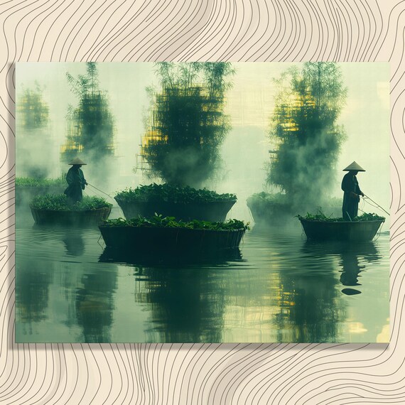 Misty River Fishermen in Conical Hats Floating Gardens Dawn Scene Poster