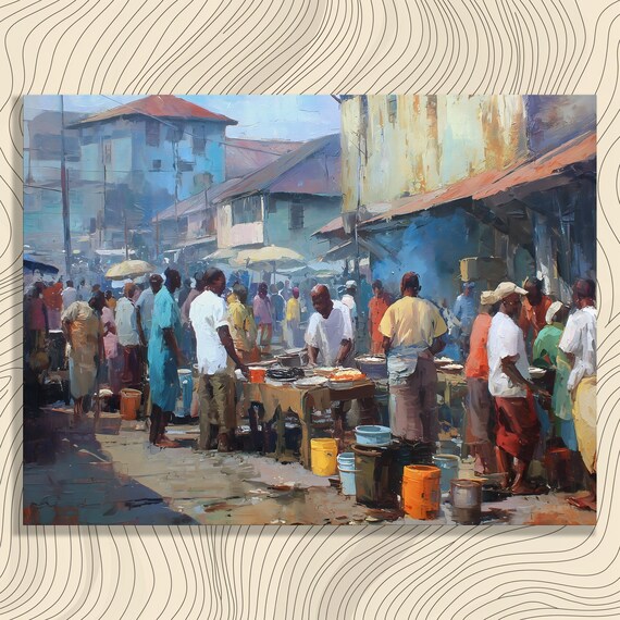 Vibrant Street Food Market With Crowds and Stalls Impressionist Wall Art