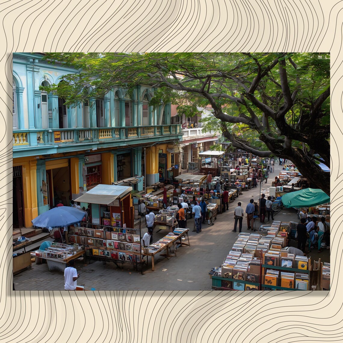 Open Air Book and Vinyl Record Market Colorful Street Photo Poster