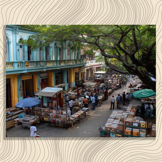 Open Air Book and Vinyl Record Market Colorful Street Photo Poster