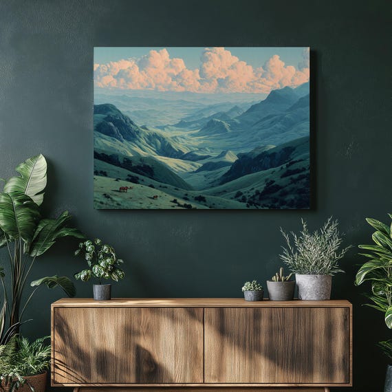 Mountain Valley Horses Canvas Wall Art Colorful Pastoral Landscape Print Green Rolling Hills Serene Sky Clouds Contemporary Countryside