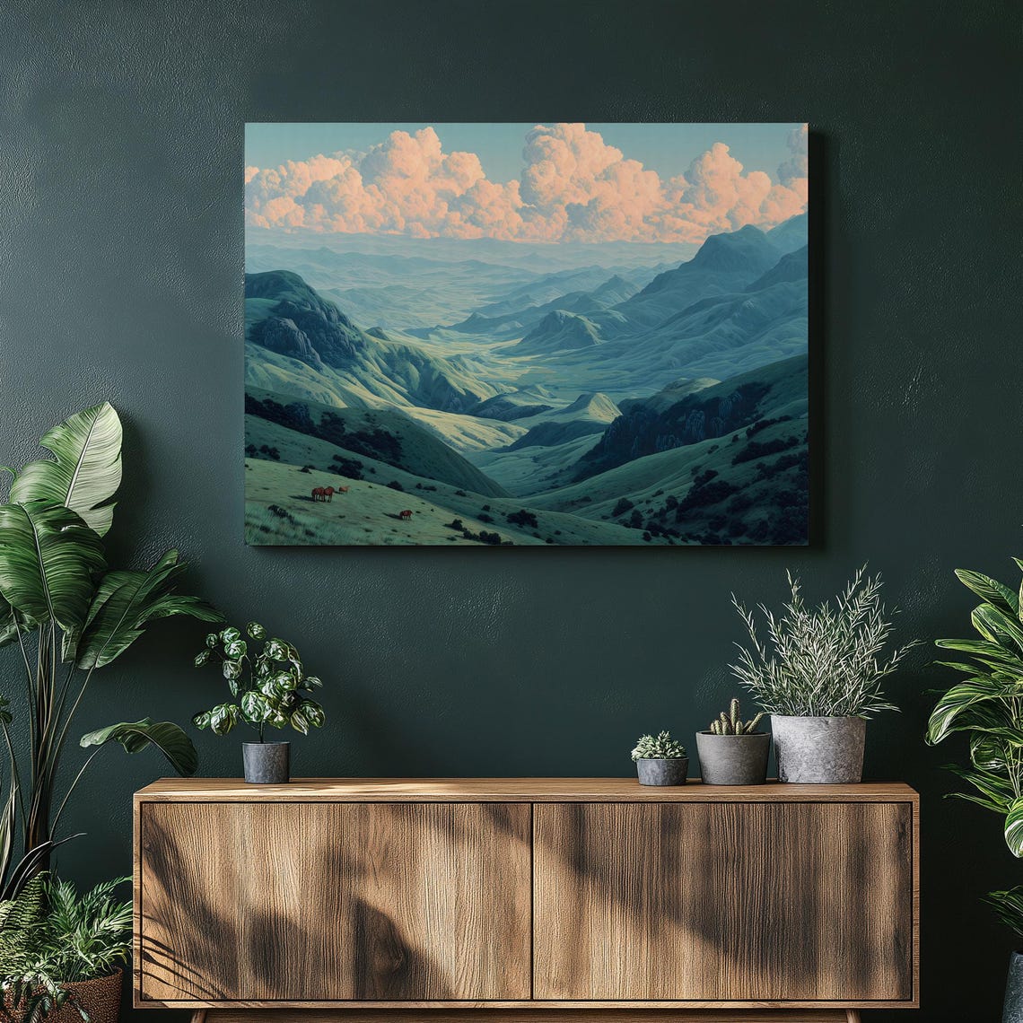 Green Mountain Valley Print Grazing Horses Rolling Hills Pastoral View
