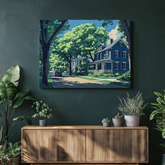 Tree Lined House Canvas Wall Art Blue Clapboard Home With Porch Architecture Print Leafy Neighborhood Summer Landscape Decor