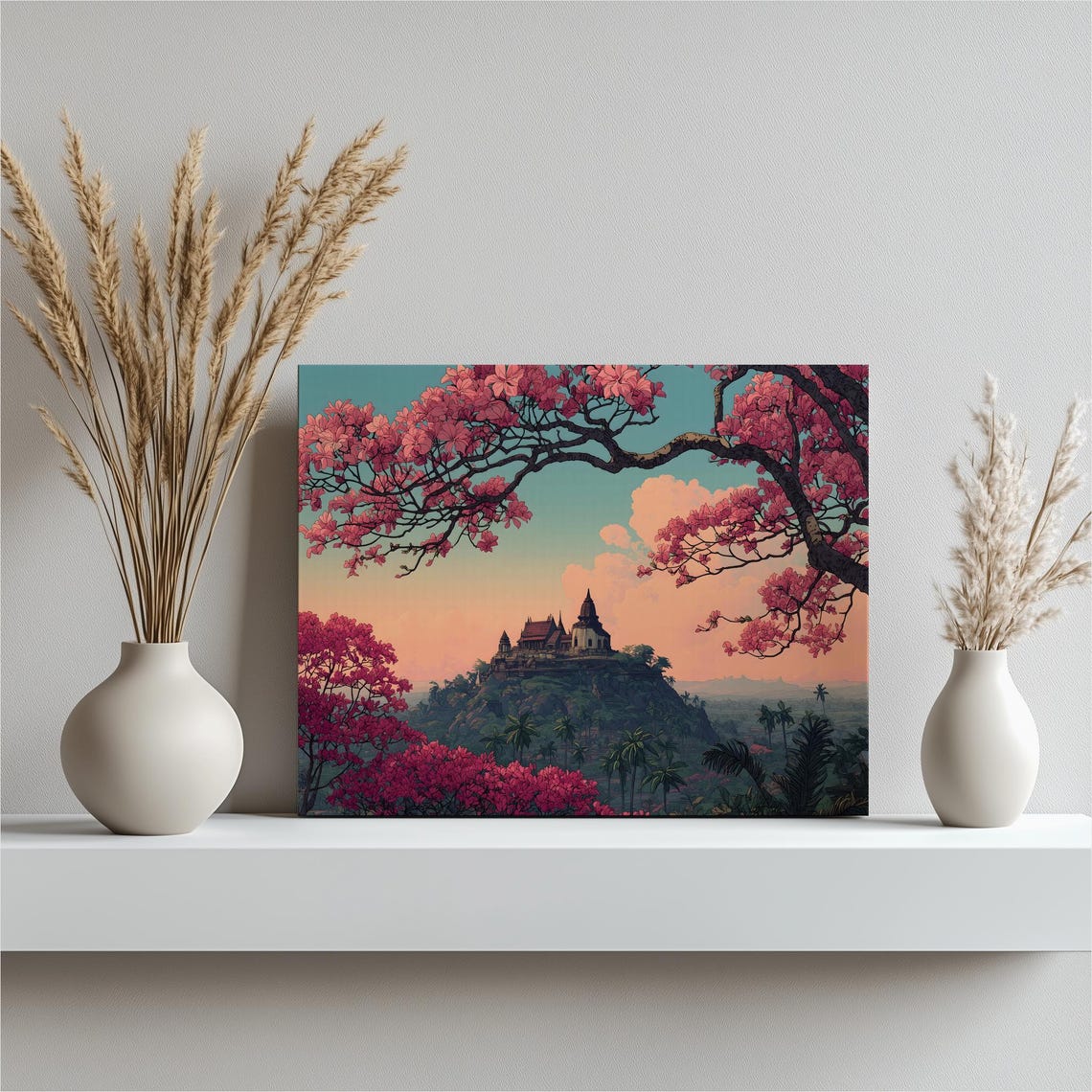 Hilltop Temple Sunset Pink Blossom Trees Tropical Mountain Wall Art