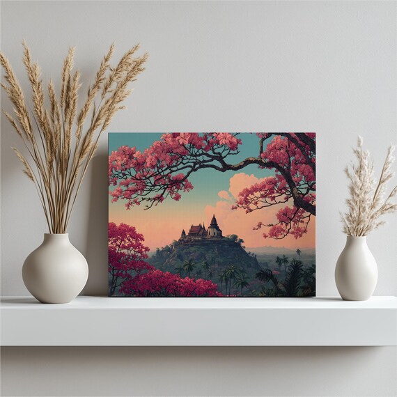 Hilltop Temple Sunset Pink Blossom Trees Tropical Mountain Wall Art