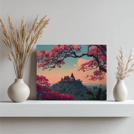 Temple Sunset Canvas Wall Art Colorful Asian Landscape Print With Pink Blossom Painting Tropical Mountain Scenery Decor Gift