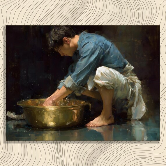 Boy Washing Hands Golden Basin Chiaroscuro Oil Painting Poster