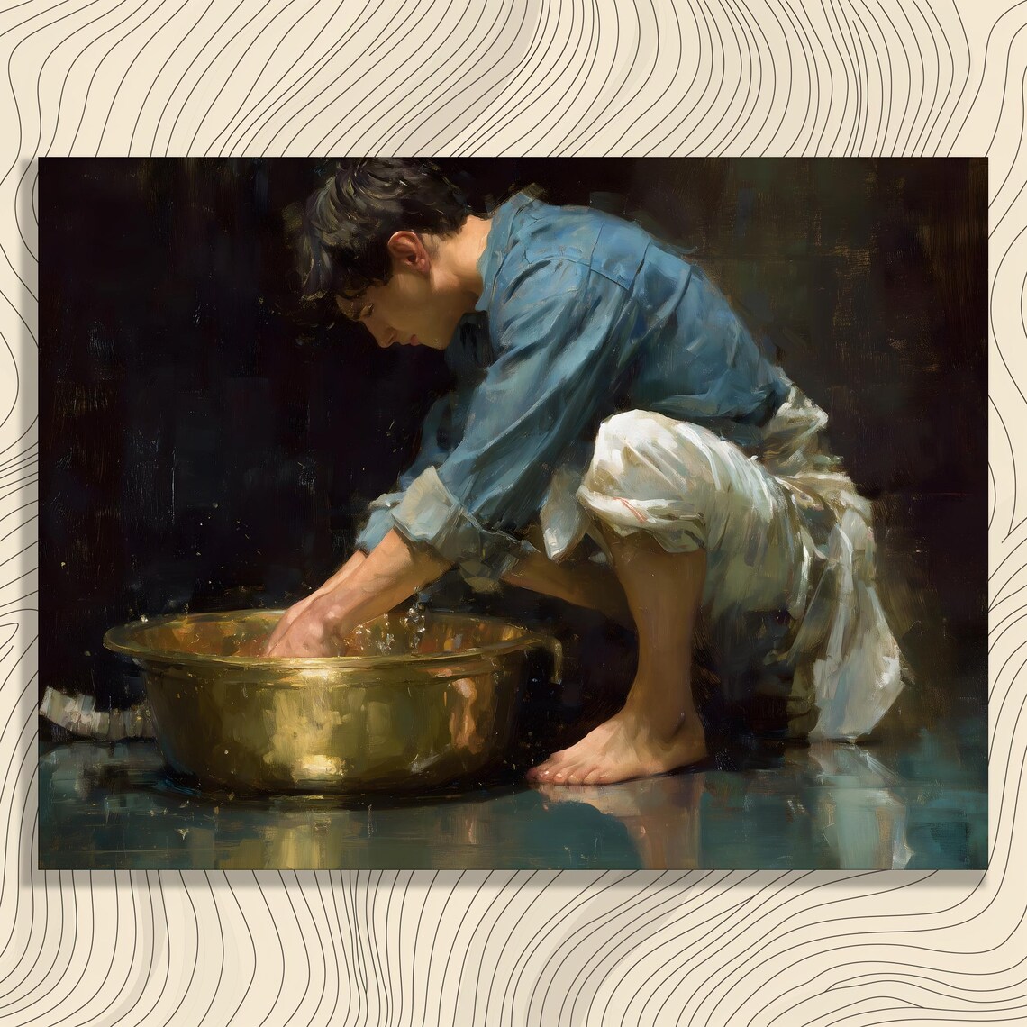 Boy Washing Hands Golden Basin Chiaroscuro Oil Painting Poster