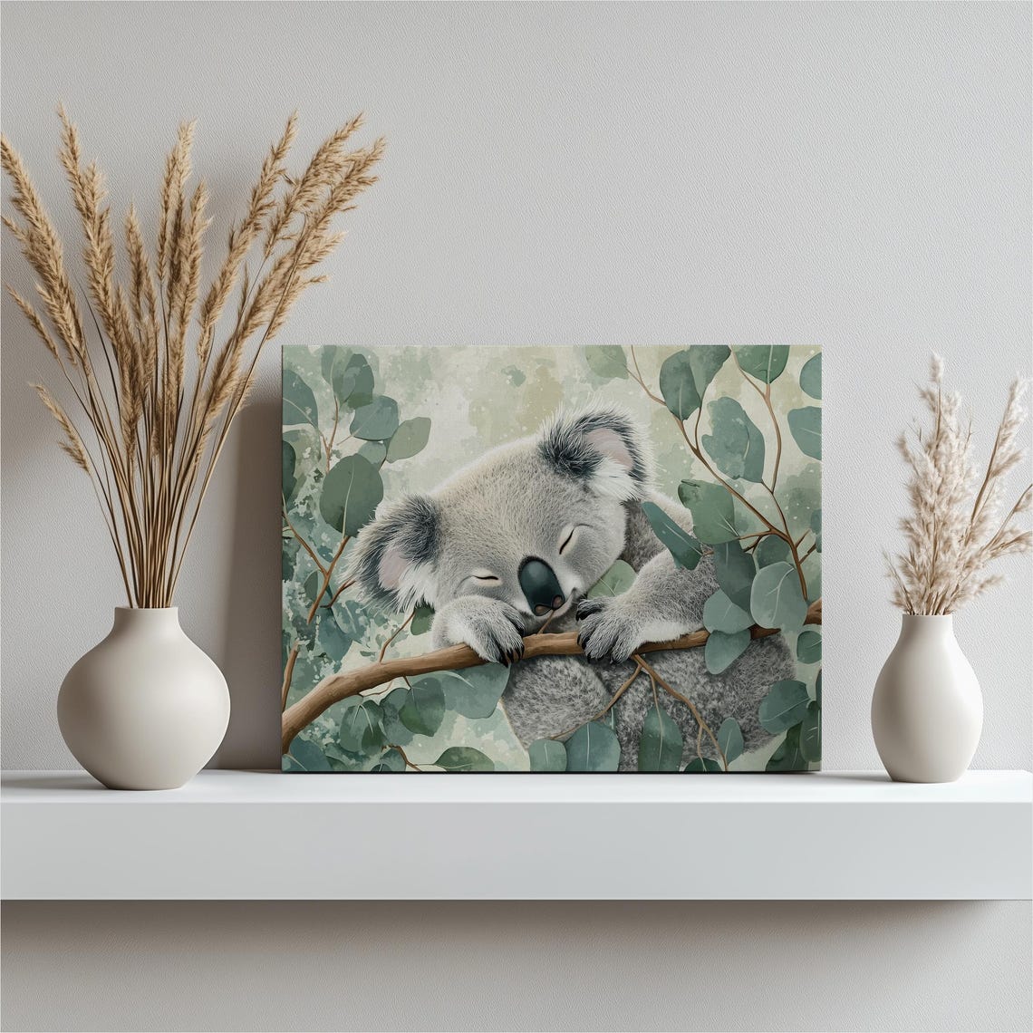 Sleeping Baby Koala Eucalyptus Branch Soft Watercolor Poster