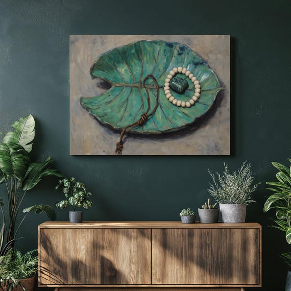 Still Life Canvas Wall Art Modern Botanical Painting With Beaded Bracelet And Jade Stone On A Leaf Shaped Tray Minimalist Print