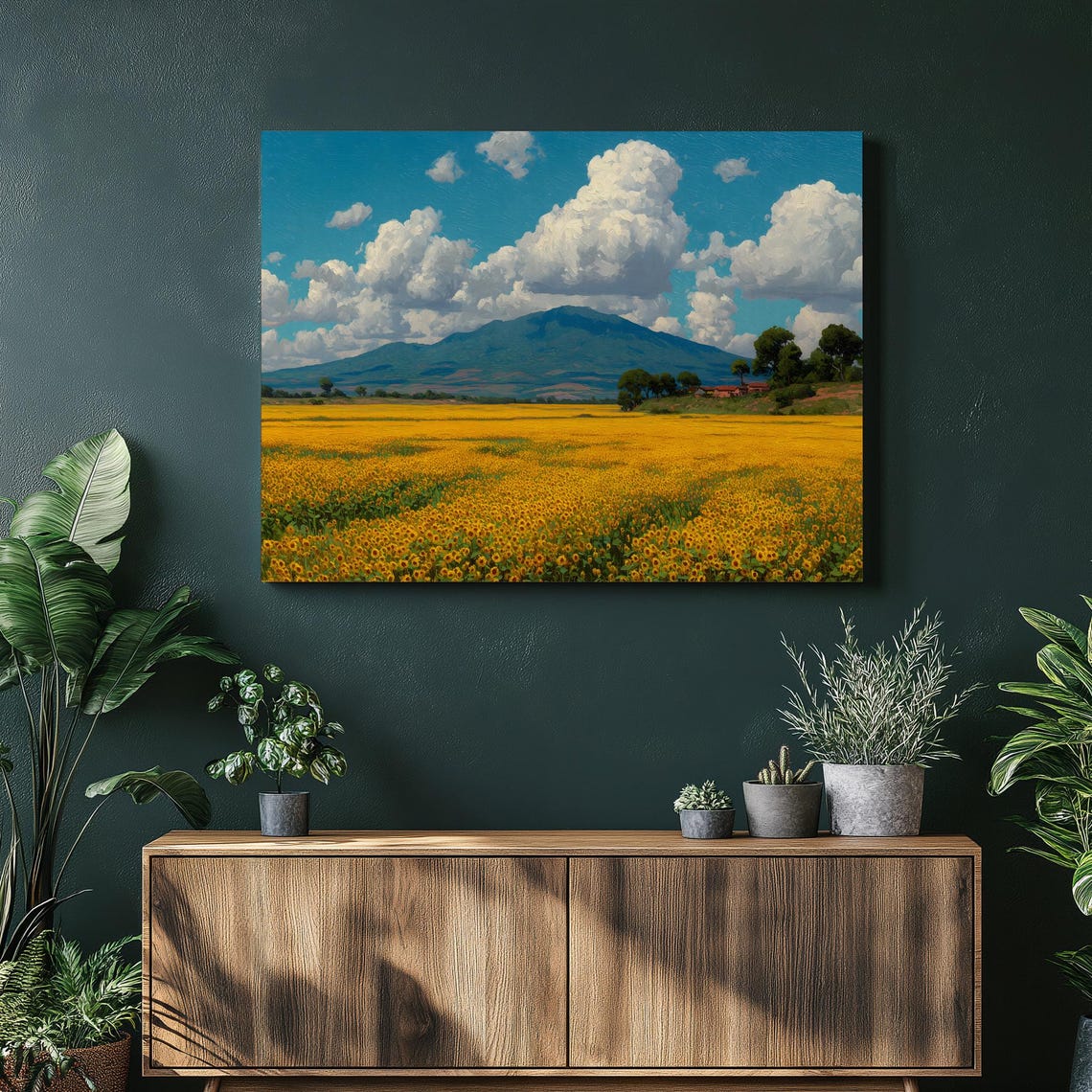 Vast Golden Sunflower Field Mountain Landscape Blue Sky Poster