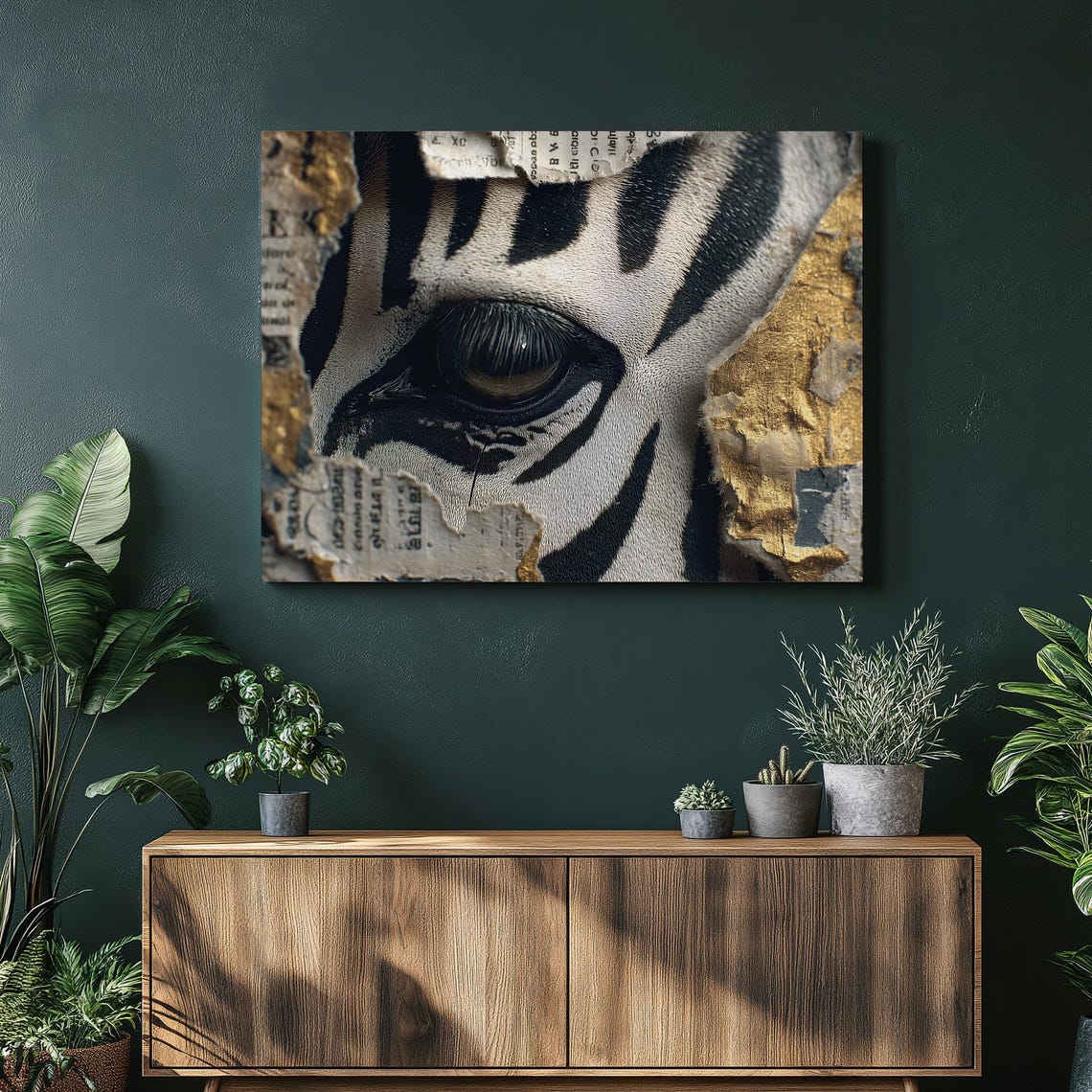 Zebra Eye Close Up Torn Paper Collage With Gold Leaf Accents Poster