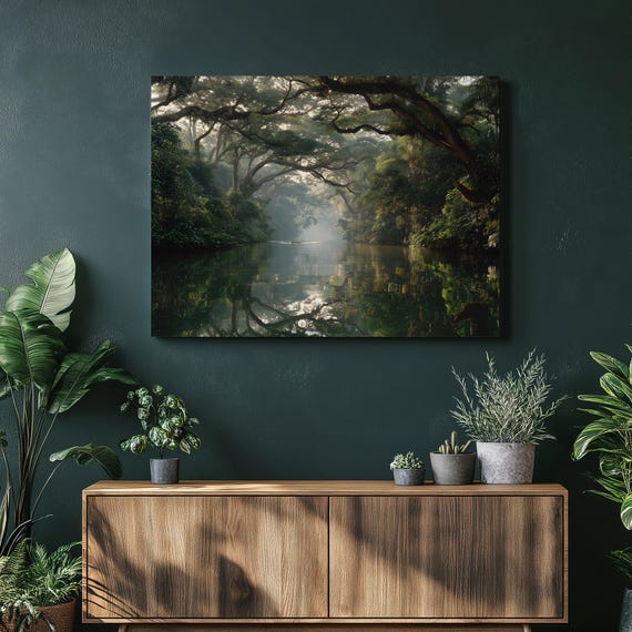 Misty Tropical Rainforest Canvas Wall Art River Reflection Nature Photography Print Jungle Decor Artwork Greenery Gift