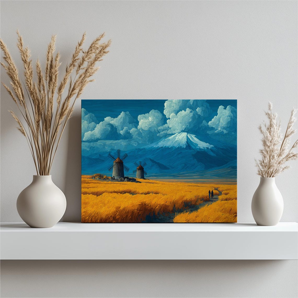 Golden Wheat Field Windmills Snow Mountain Blue Sky Landscape Poster