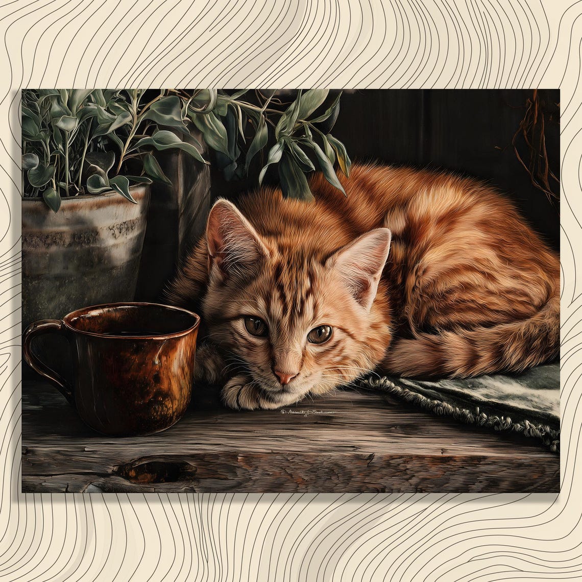 Cozy Ginger Tabby Cat Rustic Feline Kitchen Companion Art Print