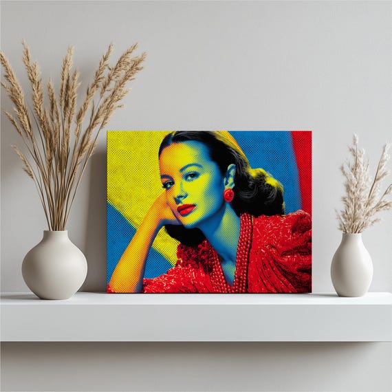 Pop Art Woman Portrait Canvas Wall Retro Style Vintage Pinup Halftone Dots Modern Print Bead Necklace Red Earrings