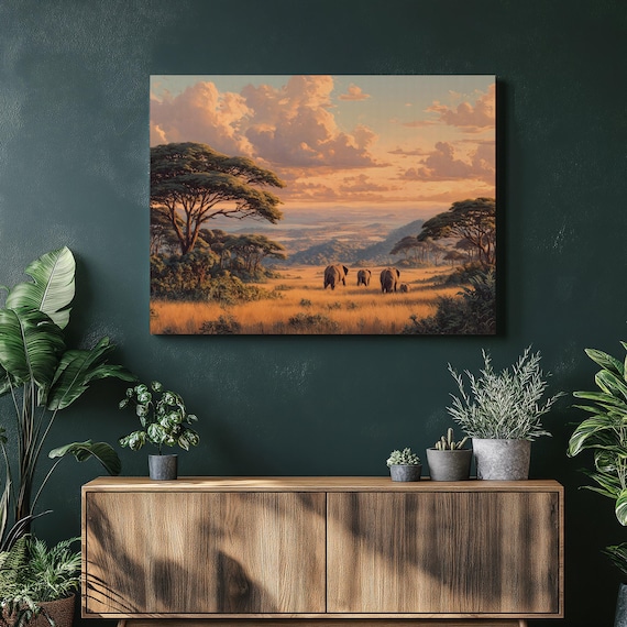 Elephant Sunset Safari Canvas Wall Art African Wildlife Colorful Savannah Landscape Nature Decor Acacia Trees Gift For Animal Lovers