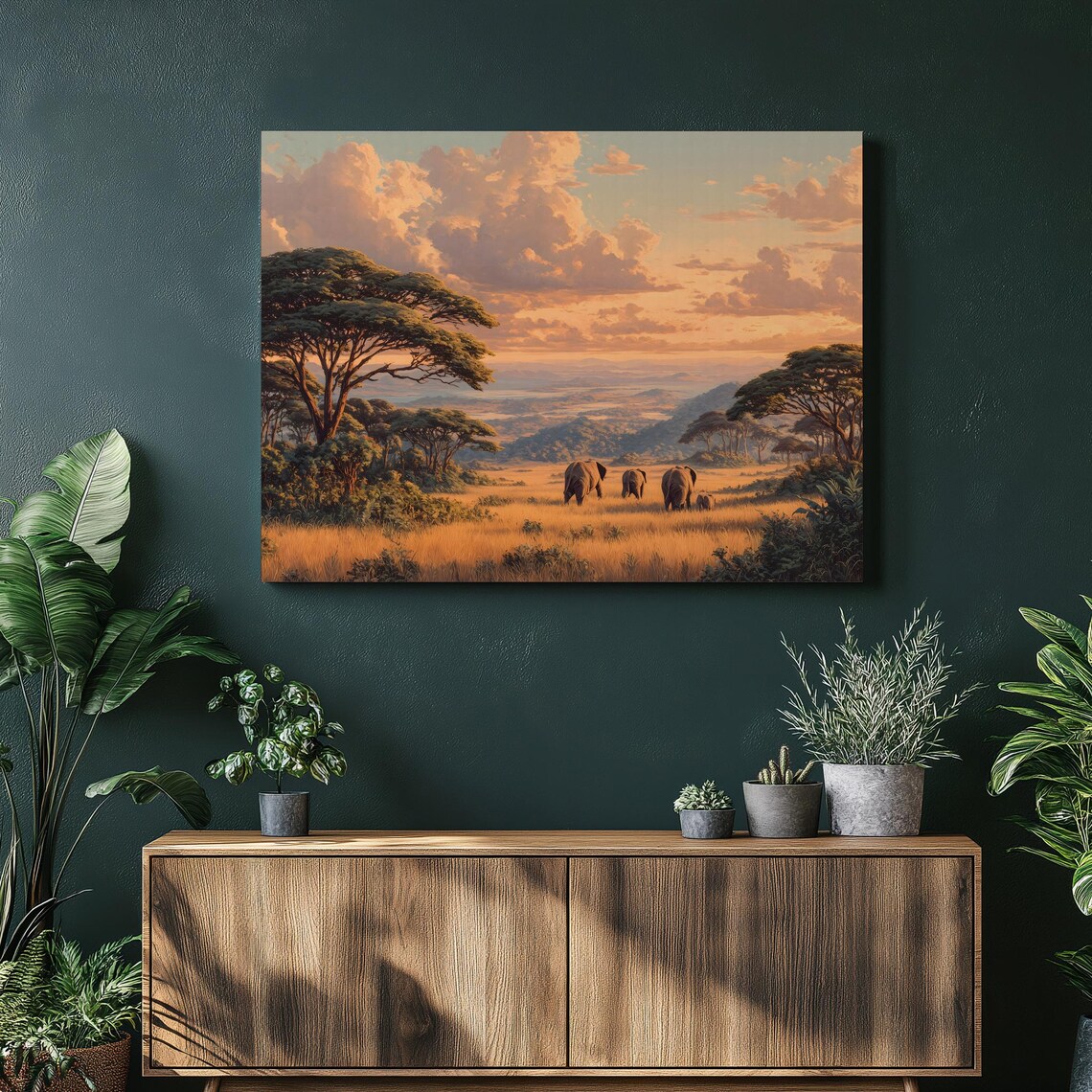 Elephant Sunset Safari Acacia Trees Golden Savanna Canvas Wall Art