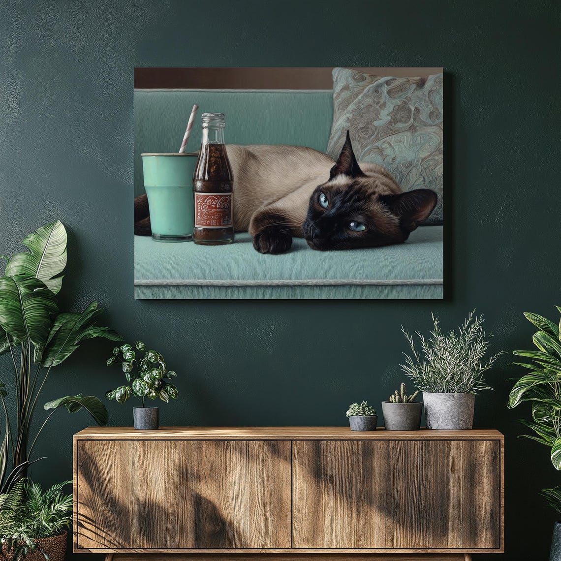 Siamese Cat Relaxing Teal Sofa Retro Cola Bottle Vintage Poster