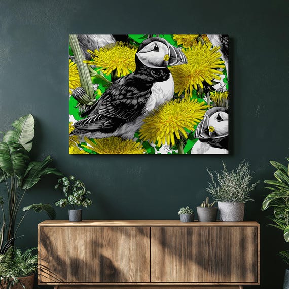 Puffin Canvas Wall Art Illustration Print Dandelion Flower Nature Decor Bird Wildlife Animal Botanical