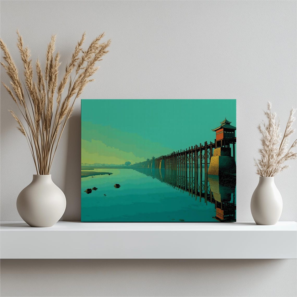 Ancient Wooden Temple Bridge Over Calm Teal Water Sunset Poster