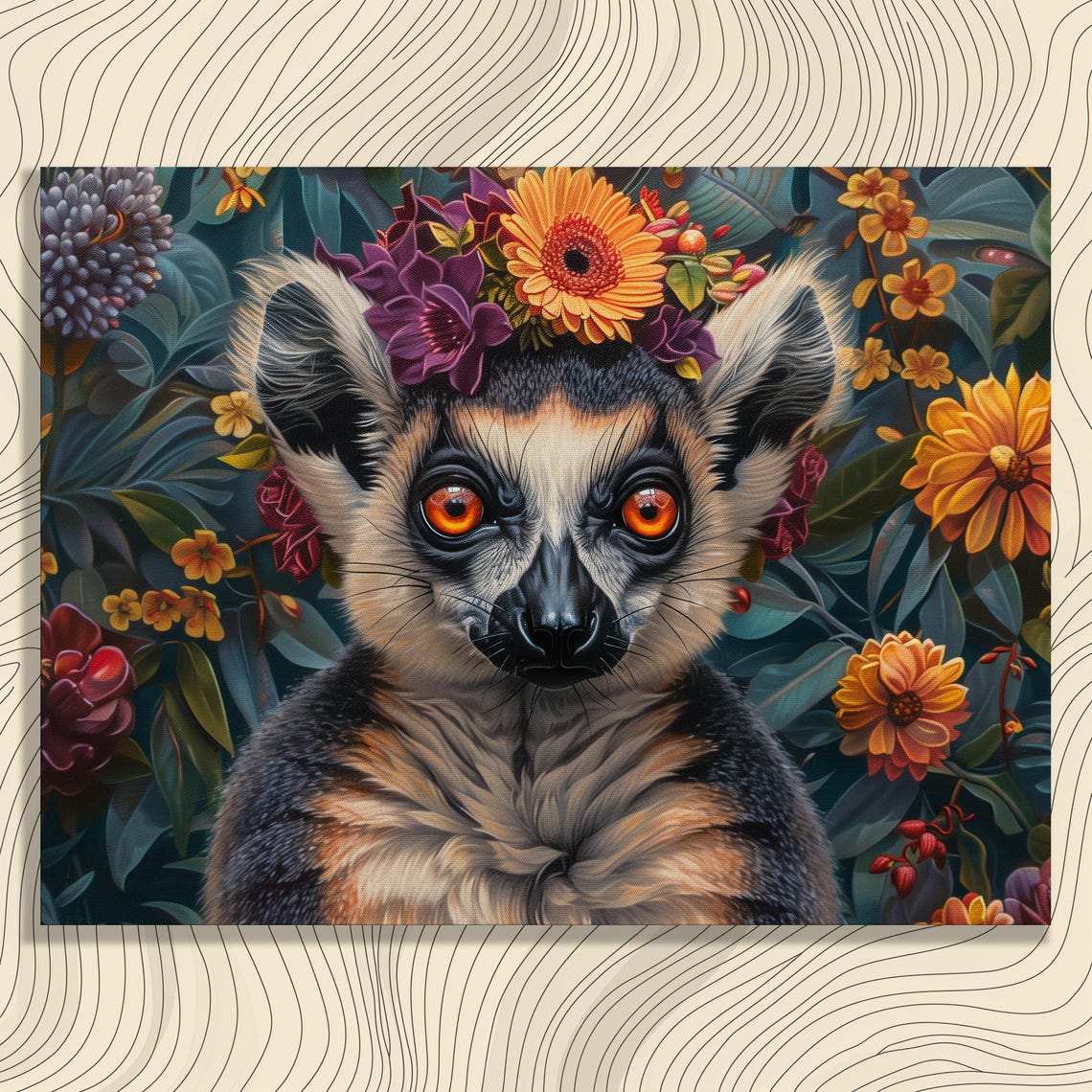 Lemur Wearing A Flower Crown Among Tropical Orange Blossoms Cute Print