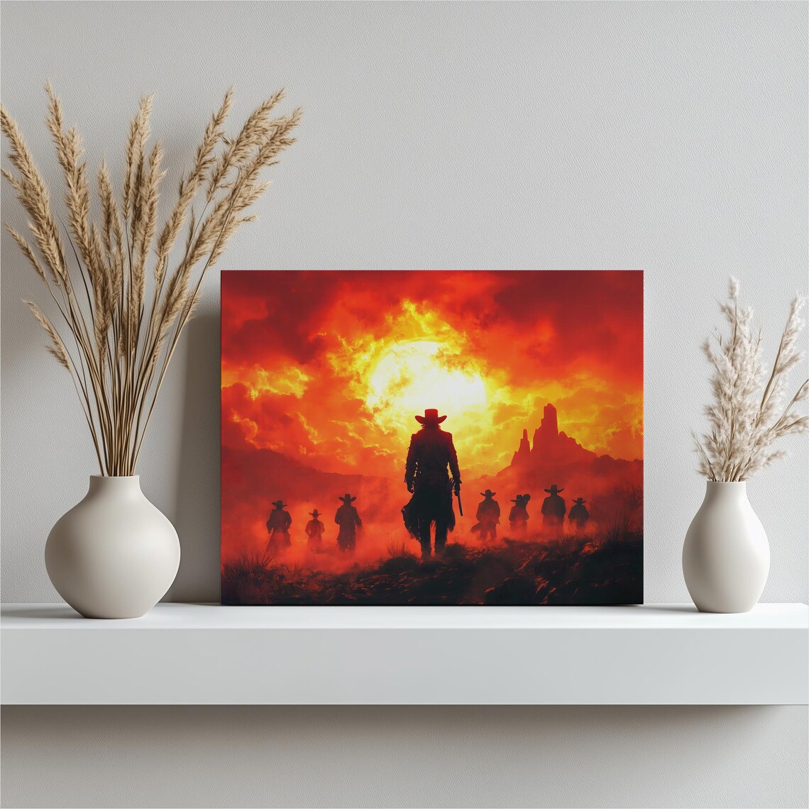 Western Cowboy Standoff Sunset Silhouette Desert Outlaw Scene Poster