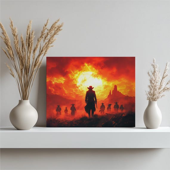 Western Cowboy Standoff Canvas Wall Art Dramatic Sunset Desert Showdown With Outlaws Silhouettes And Lone Ranger West Landscape Decor