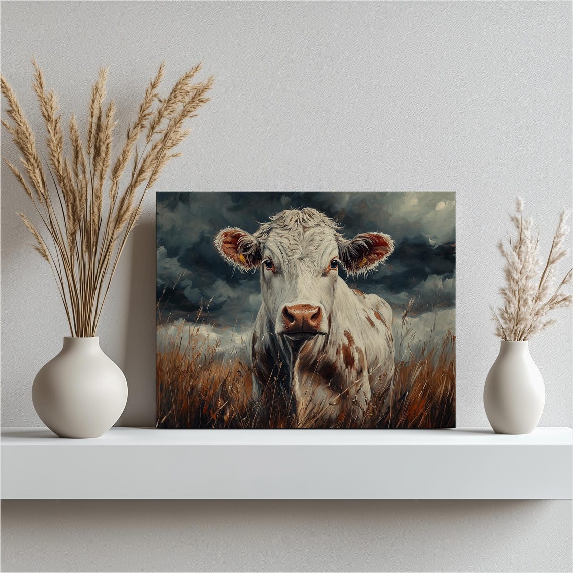 White Cow Stormy Sky Rustic Golden Field Animal Portrait Poster