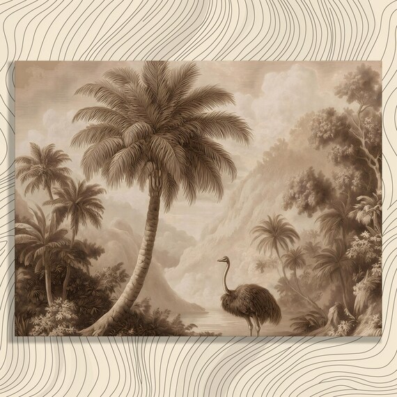 Ostrich by Tropical River Palm Trees Vintage Sepia Engraving Poster