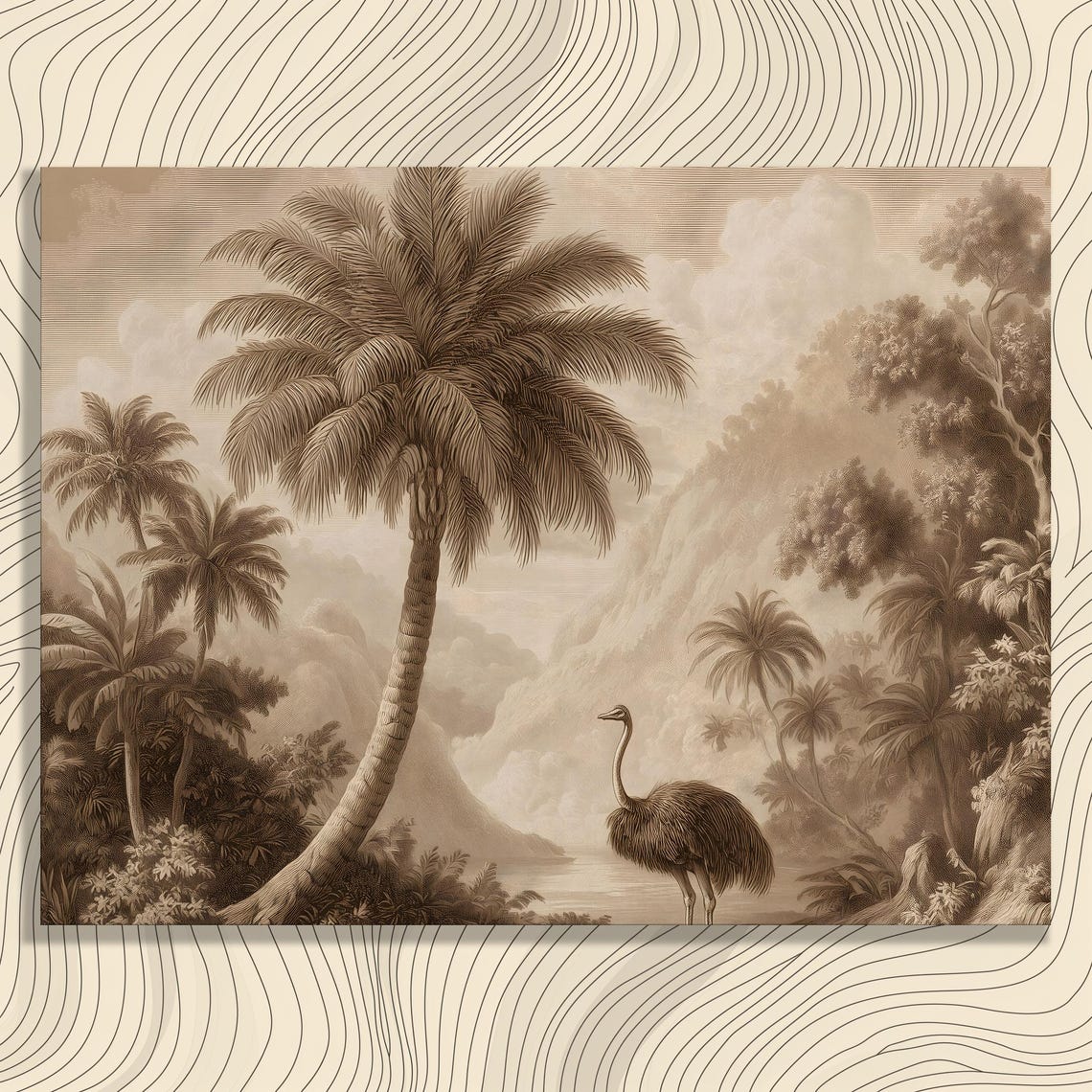 Ostrich by Tropical River Palm Trees Vintage Sepia Engraving Poster
