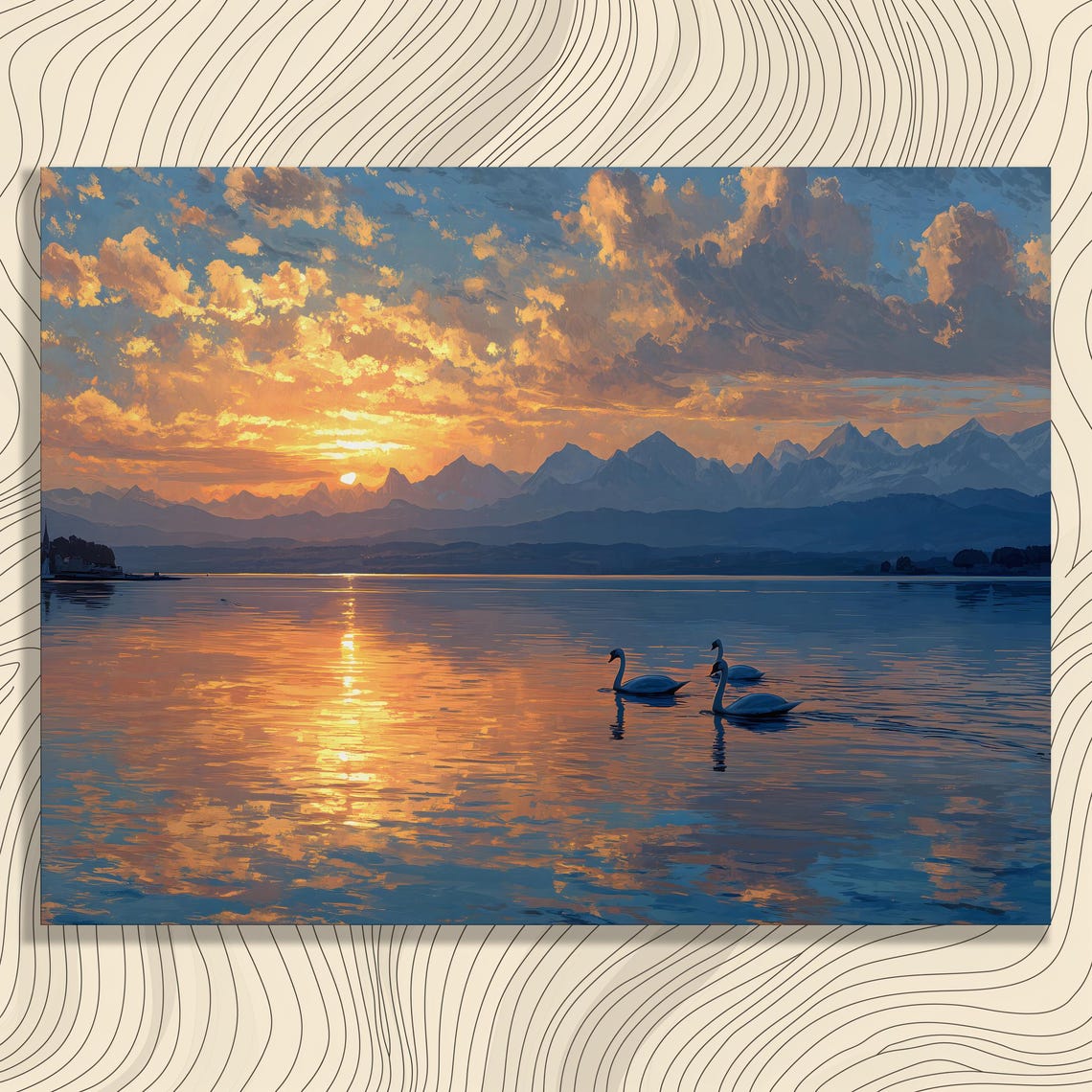 Three Swans Gliding on a Mountain Lake at a Golden Sunset Wall Art