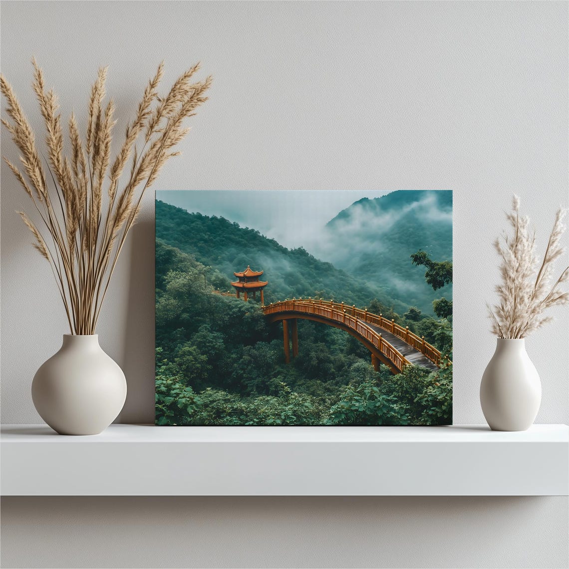 Chinese Pagoda Misty Mountains Wooden Bridge Forest Art Poster