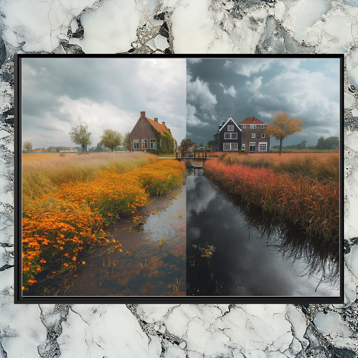 Dutch Countryside Cottage Canal Autumn Storm Split Photo Art Poster