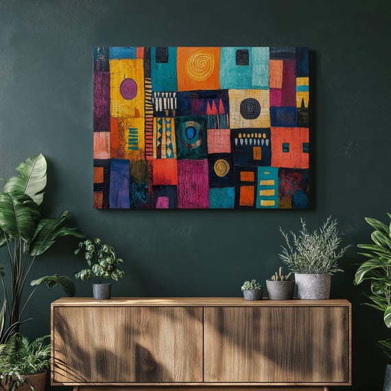 Stunning African Tribal Art Canvas Wall Bold Vibrant Colors Culture Painting Hanging For Home Office Hallway Or Bedroom