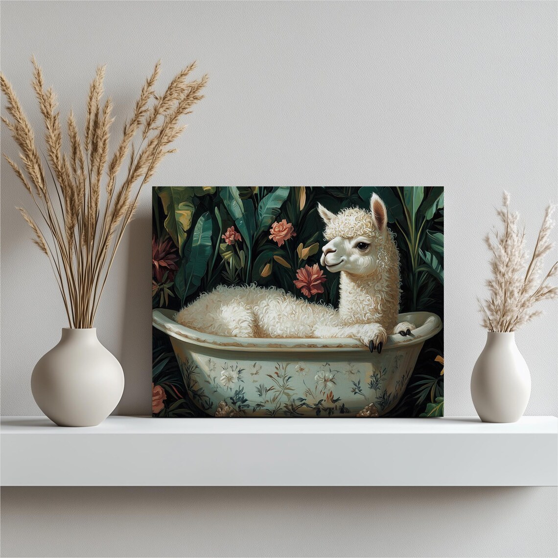 Alpaca Vintage Decor Art Print, Lush Green Plants