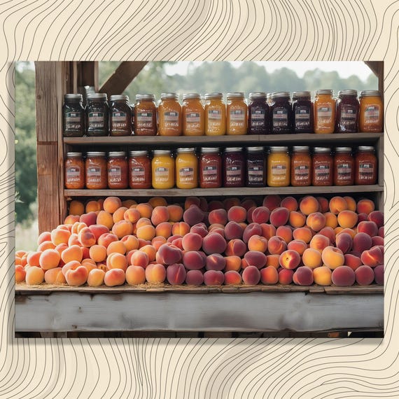 Vintage Peaches Canvas Wall Art Rustic Farmhouse Country Charm Fruit Still Life Decor Print With Jar Preserves Illustration