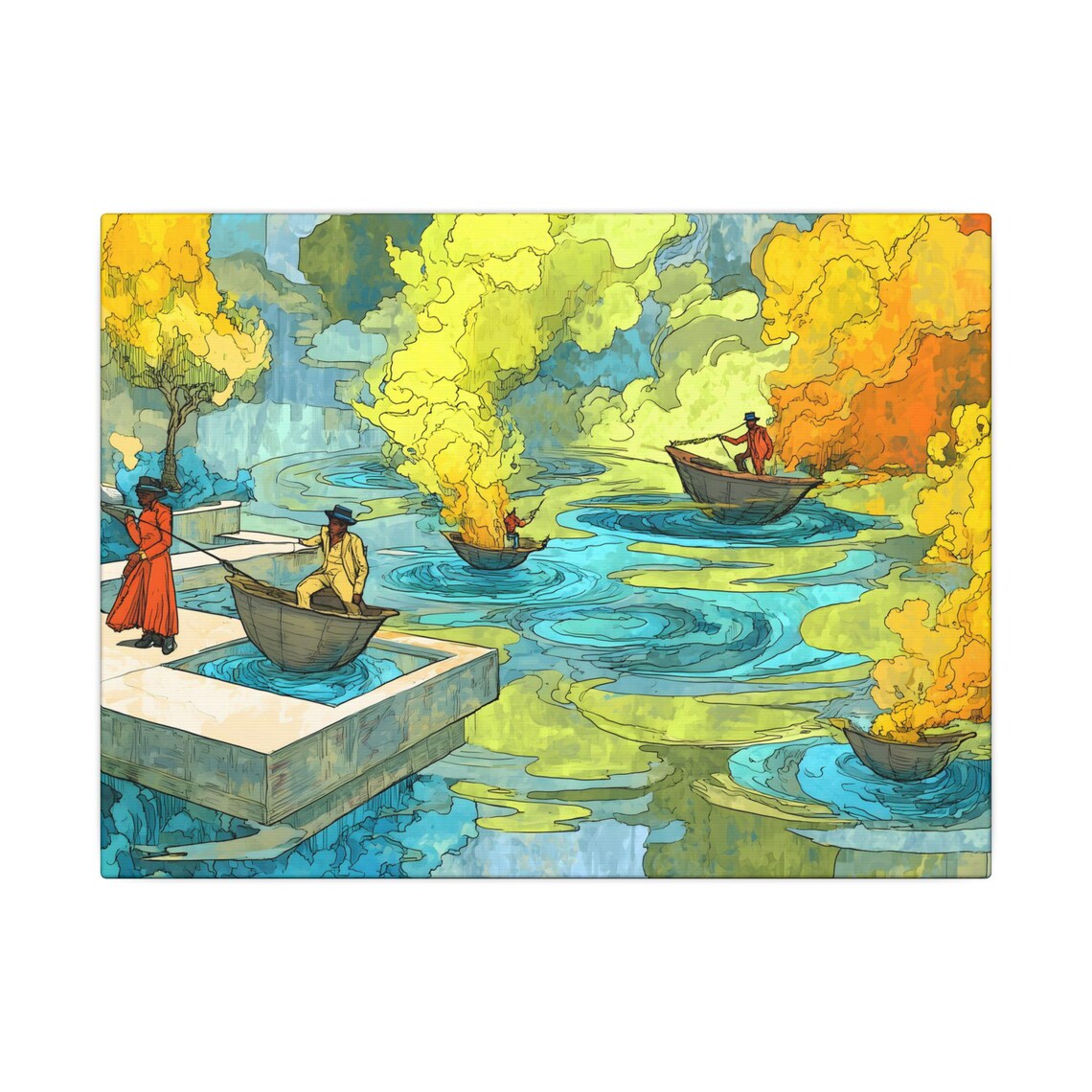 Surreal Boat Voyage Colorful Cloud Watercolor Fantasy Landscape Poster