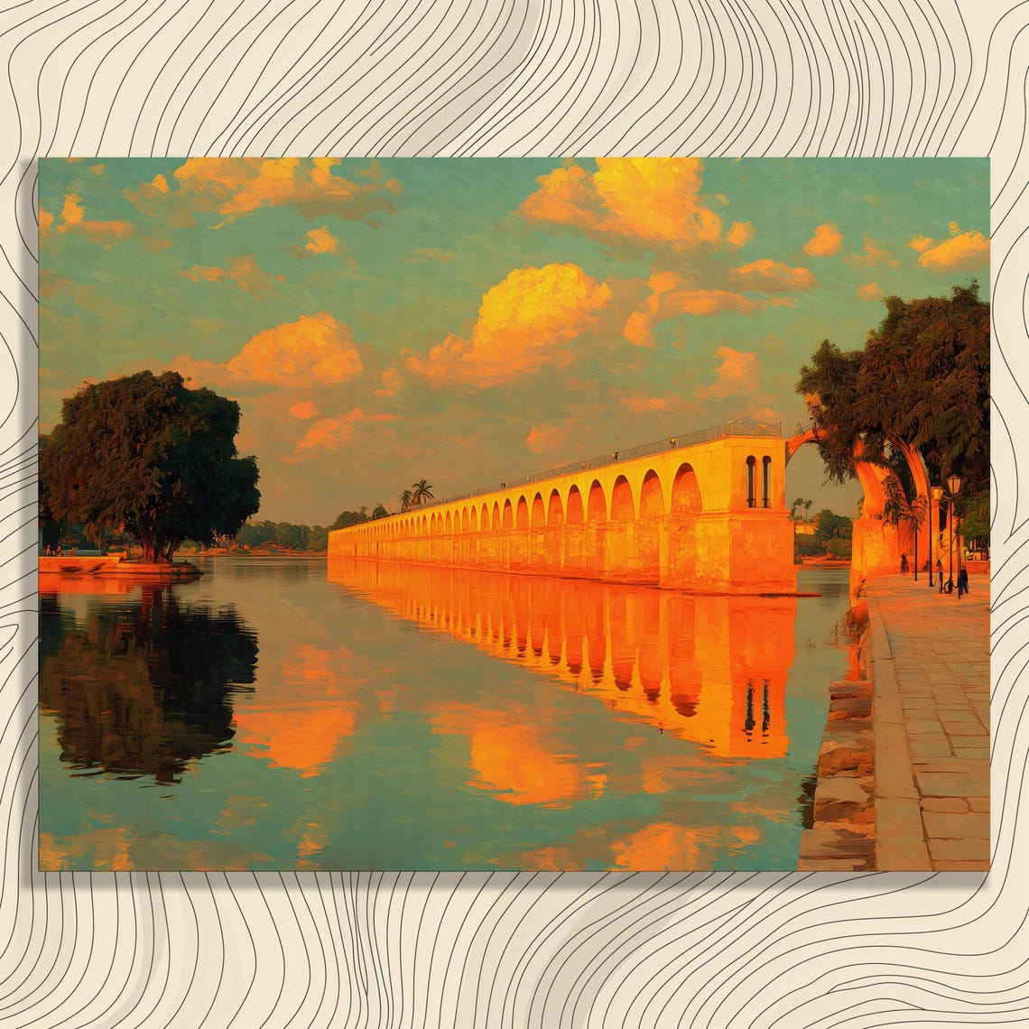 Sunset Aqueduct Bridge Arched Stone Viaduct Water Reflection Poster