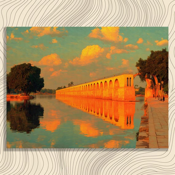 Sunset Aqueduct Bridge Canvas Wall Art Colorful Water Reflection Print Arched Painting River Architecture Decor Landscape Gift