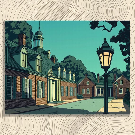 Colonial Scene Canvas Wall Art Antique Lamppost Pathway Print Brick Building Illustration With Lush Trees Evening Green Brown Home Decor