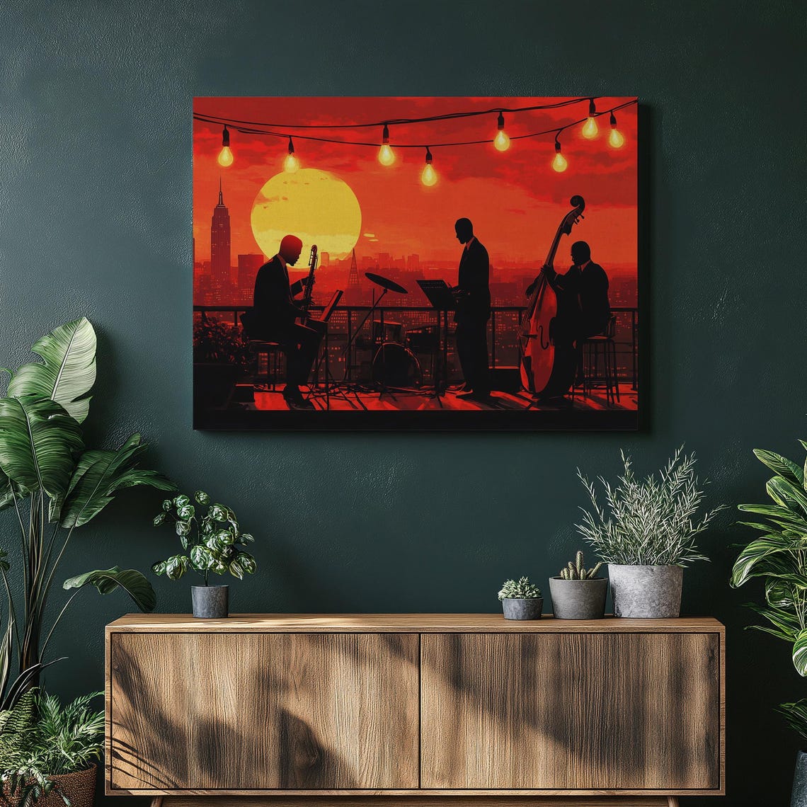 Jazz Trio Rooftop Sunset City Skyline Music Poster for Jazz Bars