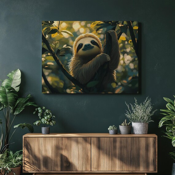 Sloth Canvas Wall Art Print Relaxed Minimalist Jungle Decor Painting Earthy Nature For Bedroom Cute Tropical Gift