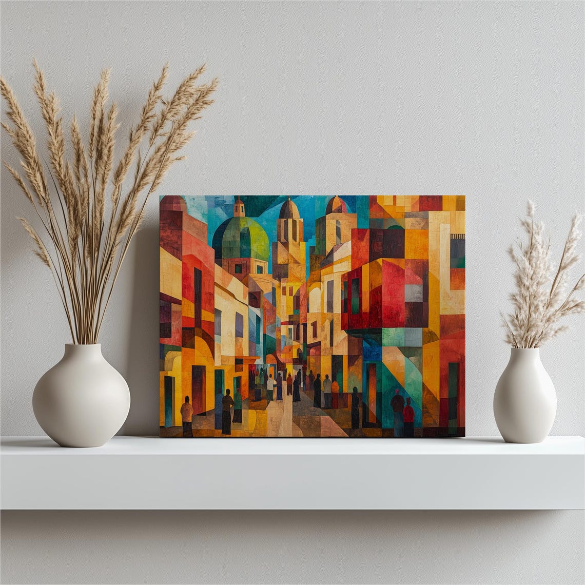 Cubist Old Town Street Painting With Domes In Warm Abstract Poster